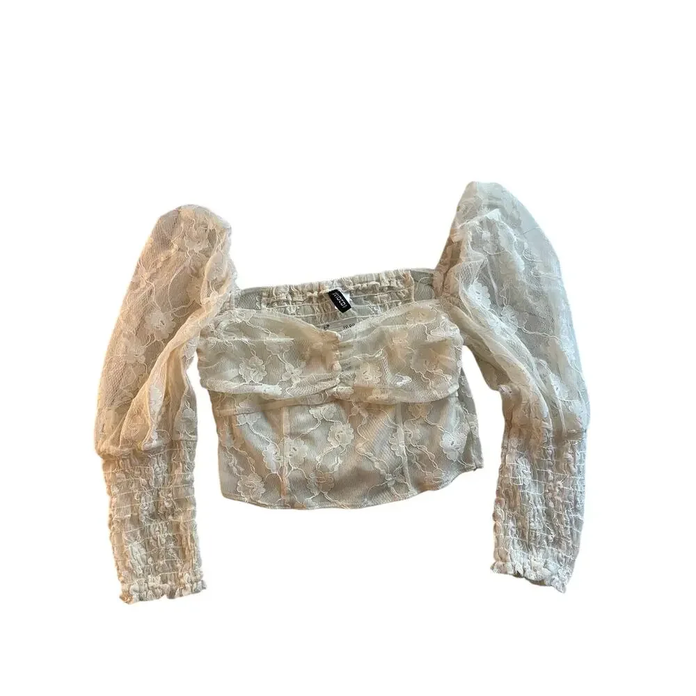 H&M Divided White Lace Milkmaid Crop Top Long Smocked Sleeve Cottagecore